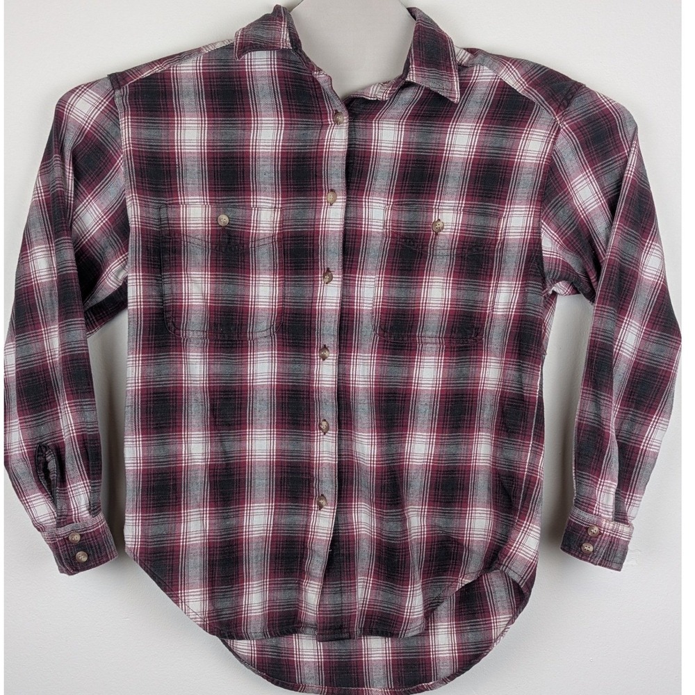 Palmetto's Women's Plaid Flannel Button Up Shirt Long Sleeve Casual Top Burgundy - Picture 2 of 8